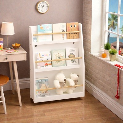 White wooden 3-tier kids bookshelf with front-facing book display