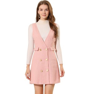 Allegra K Women's Elegant Vintage Button Front V Neck Plaid Tweed Overalls Pinafore Dress - 1 of 4