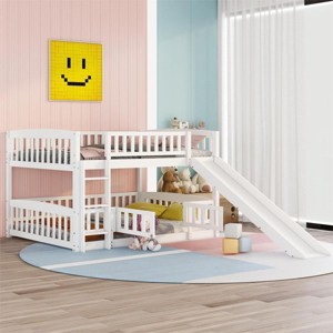 Streamdale Bunk Bed With Slide, Full Over Full Low Bunk Bed With Fence And Ladder For Toddler Kids Teens, White - 1 of 4