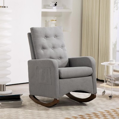 Upholstered Nursery Rocking Chair, Accent Rocking Chair in Comfy Fabric with High Backrest, Side Pocket and Rubber Wood Legs, Light Grey