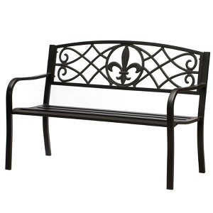 Outdoor Garden Patio Steel Park Bench Lawn Decor with Cast Iron Unique Design Back, Black Seating Bench for Yard, Patio, Garden, Balcony, and Deck - 1 of 4