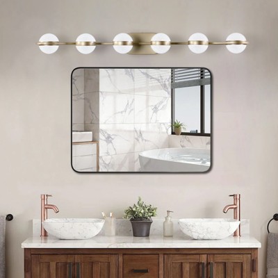 43" Gold Minimalist LED Bathroom Vanity Light with Crystal Sand Acrylic Shades, 6 Light Wall Mounted Decorative Lighting Fixture