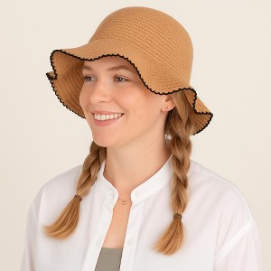 Anna-Kaci Women's Woven Floppy Bucket Hat with Scalloped Brim Edge Detail - 1 of 4