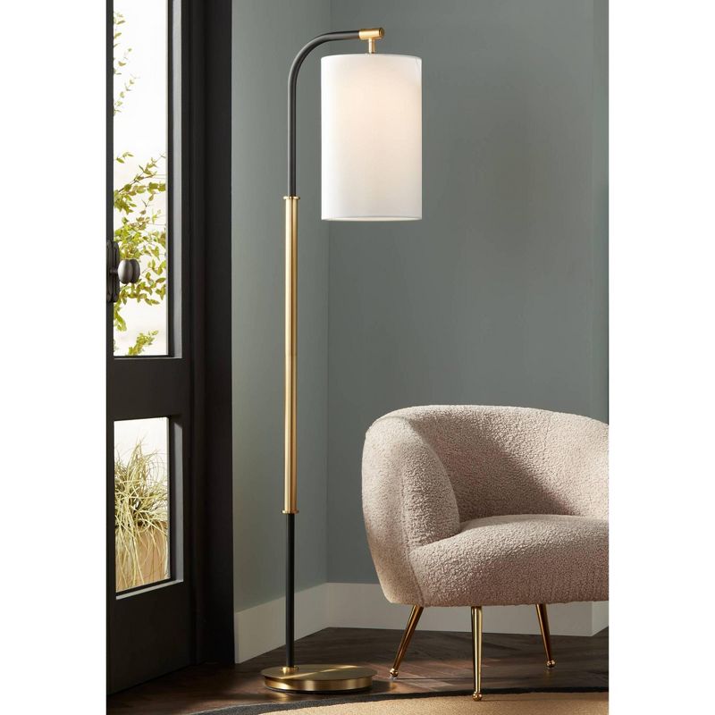 Possini Euro Design Sausalito Mid Century Modern Downbridge Floor Lamp 67" Tall Warm Gold Black Metal Linen Cylinder Shade for Living Room Reading, 2 of 10