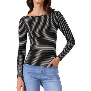 INSPIRE CHIC Women's Striped Long Sleeve Boat Neck Stretchy 2025 Casual Basic Tee Shirt - 1 of 4