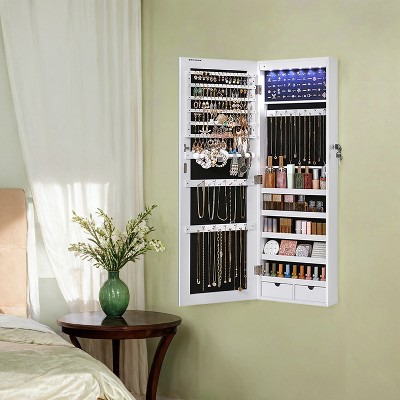 SONGMICS Hanging Mirror Jewelry Cabinet Wall/Door Mounted Jewelry Armoires with LED Interior Lights Jewelry Organizer Box Holder