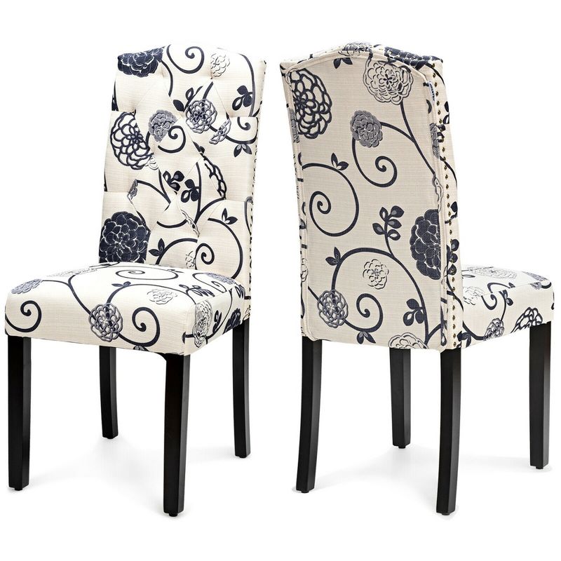 Costway Set of 2 Tufted Dining Chair Upholstered Nailhead Trim Rubber Wooden Leg, 1 of 11