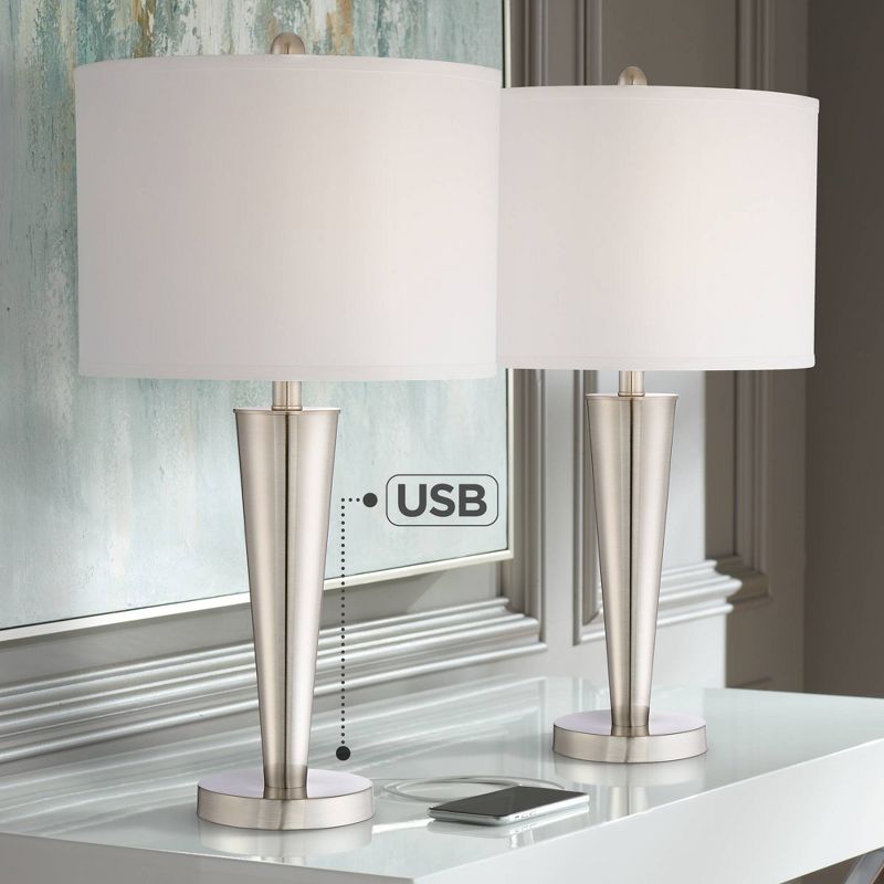 360 Lighting Geoff Modern Table Lamps 26" High Set of 2 Brushed Nickel with USB Charging Port White Drum Shade for Bedroom Living Room Bedside Desk, 2 of 9