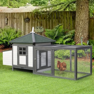 Gray Wooden Chicken Coop with Nesting Box and Run