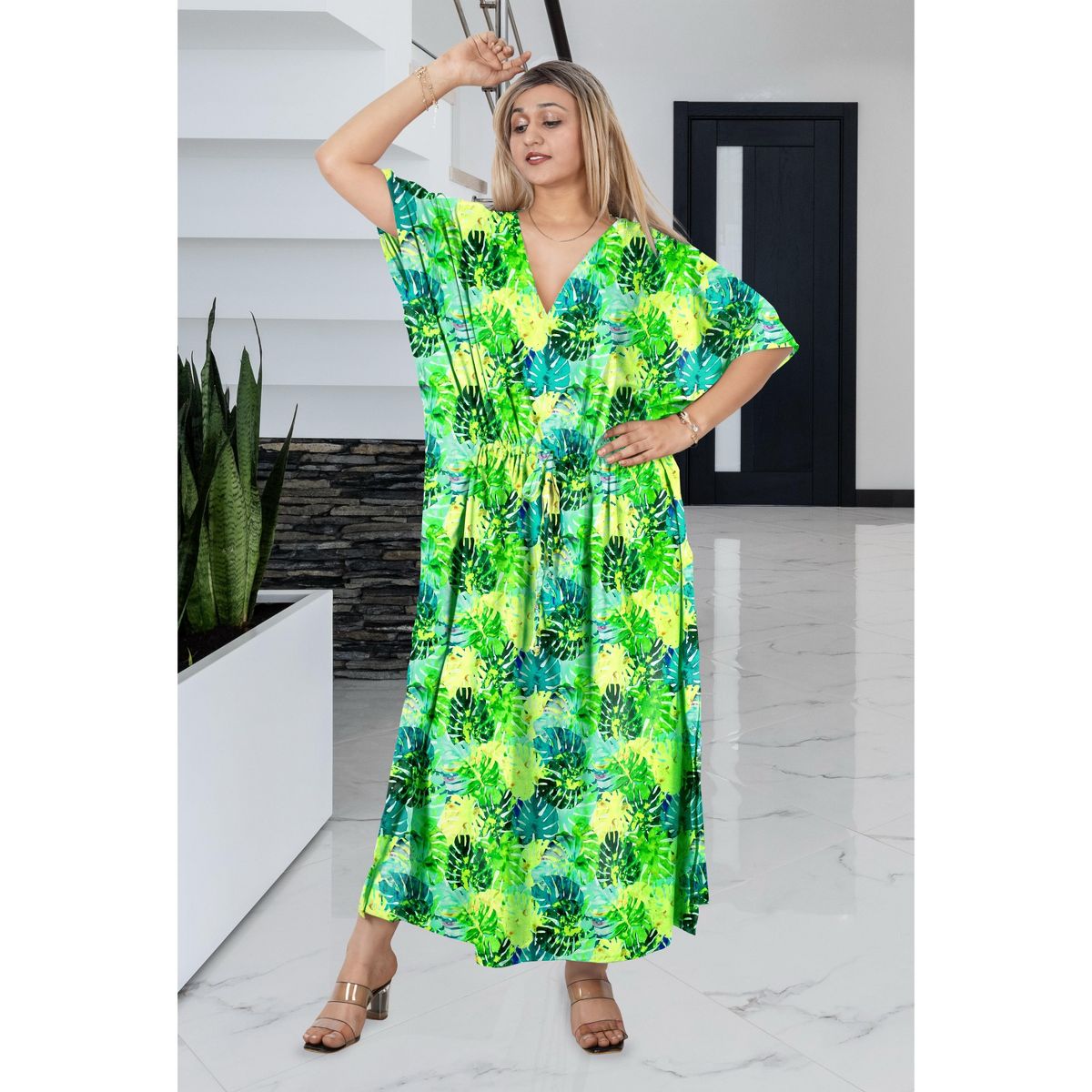 HAPPY BAY Summer Rayon Blend Women Resortwear Maxi Caftan Holiday Vacation Cruise Pregnancy Wear Flowy Lounge Dress 2X-3X Green Leaf - thumbnail 5