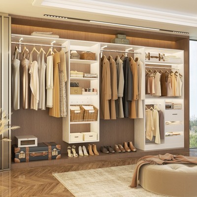 Aheaplus 132" Modular Closet System with Adjustable Shelves and Drawers, Wall-mounted Space-Saving Closet Organizer with Hanging Rods
