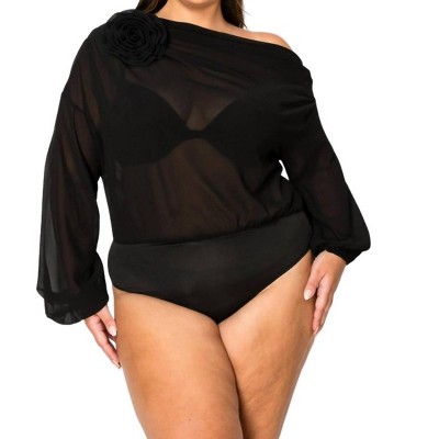 Women's Chiffon Round Neck Rosette Long Sleeve Bodysuit - Plus - Miss Avenue