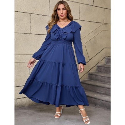 Plus Size Ruffle Maxi Dress for Women V Neck Long Sleeve Dress Casual Modest Fall Dresses Navy Blue 4XL