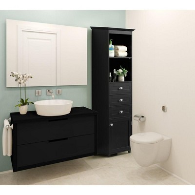 Bathroom tall storage cabinet next to vanity and toilet.