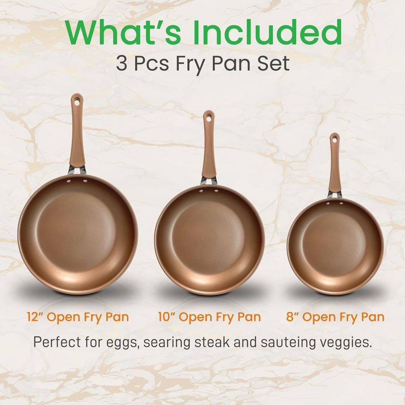 NutriChef 3 Pcs. Non-Stick Fry Pan Set Basic Kitchen Cookware, PFOA/PFOS Free, Gold, 2 of 8
