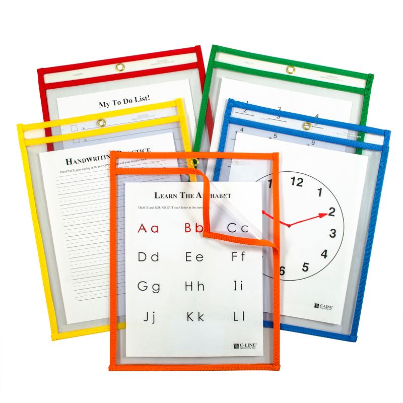 C-Line® Super Heavyweight Plus Reusable Dry Erase Pockets - Study Aid, Assorted Primary Colors, 9 x 12, 5 Per Pack, 2 Packs, 2 of 3