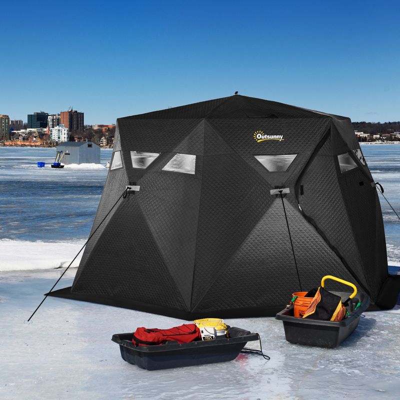 Outsunny 4 Person Insulated Ice Fishing Shelter 360-Degree View, Pop-Up Portable Ice Fishing Tent with Carry Bag, Two Doors and Anchors, Black, 2 of 7