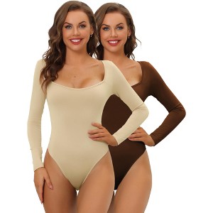 Allegra K Women's Long Sleeve Slim Fit Stretchy 2 Packs Square Neck Adult Bodysuits - 1 of 4
