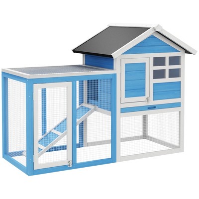 PawHut 48" Wooden Rabbit Hutch Bunny Cage with Waterproof Asphalt Roof, Fun Outdoor Run, Removable Tray and Ramp