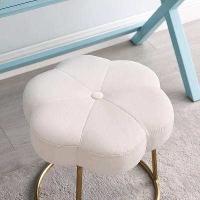 Boho Luxe White Velvet Floral Vanity Stool with Gold Base