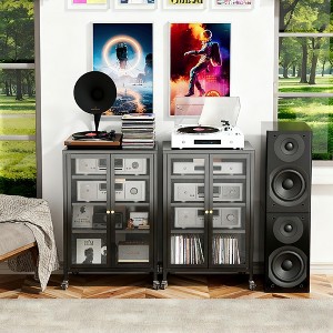 LOVSON 35.8"High Media Storage Cabinet with Wheels,AV Stereo TV Stand with 4 Adjustable Glass Shelves & Door,Heavy-Duty Steel Frame for Living Room - 1 of 4