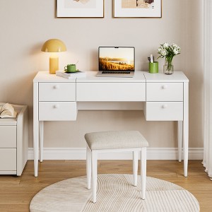 Small Vanity Desk with Flip Top Mirror LED Lights, Makeup Vanity Table Set with 5 Drawers, Adjustable Lighting Modes and Cushioned Chairfor Bedroom - 1 of 4