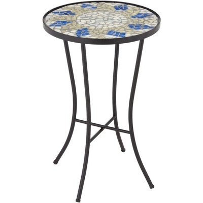 Teal Island Designs Modern Black Metal Round Outdoor Accent Table 14" Wide Sunburst Mosaic Tabletop Curved Legs for Porch Patio