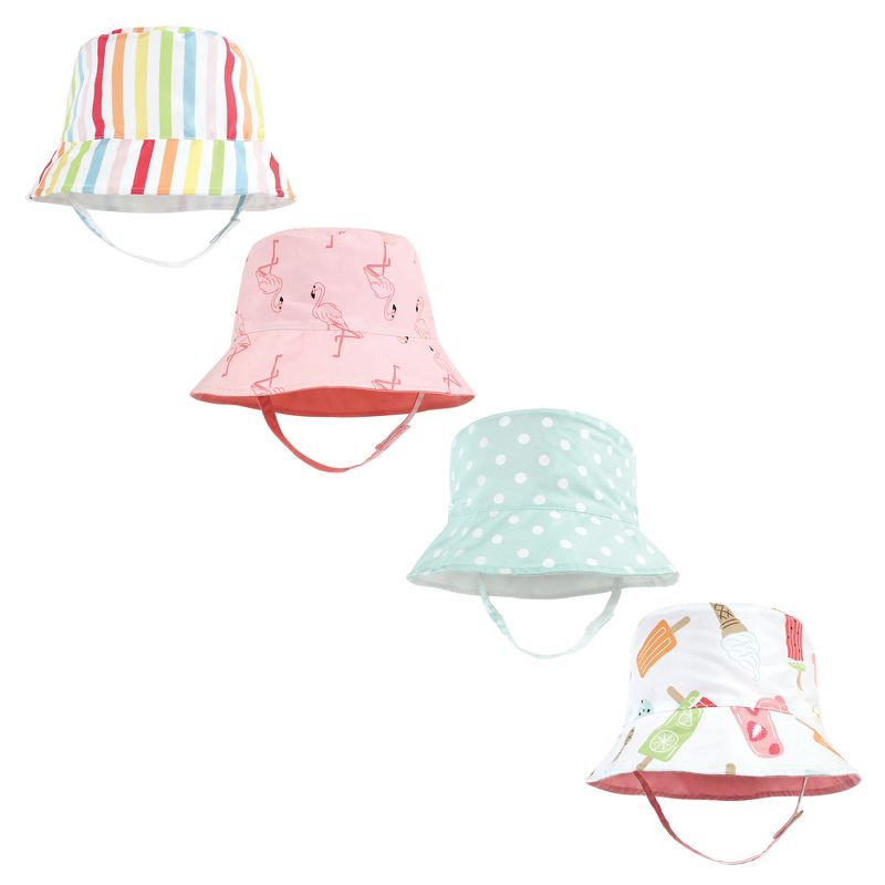 Hudson Baby Infant Girl 4Pc Sun Protection Hat, Flamingo Rainbow Stripe Ice Cream Dot, 1 of 4