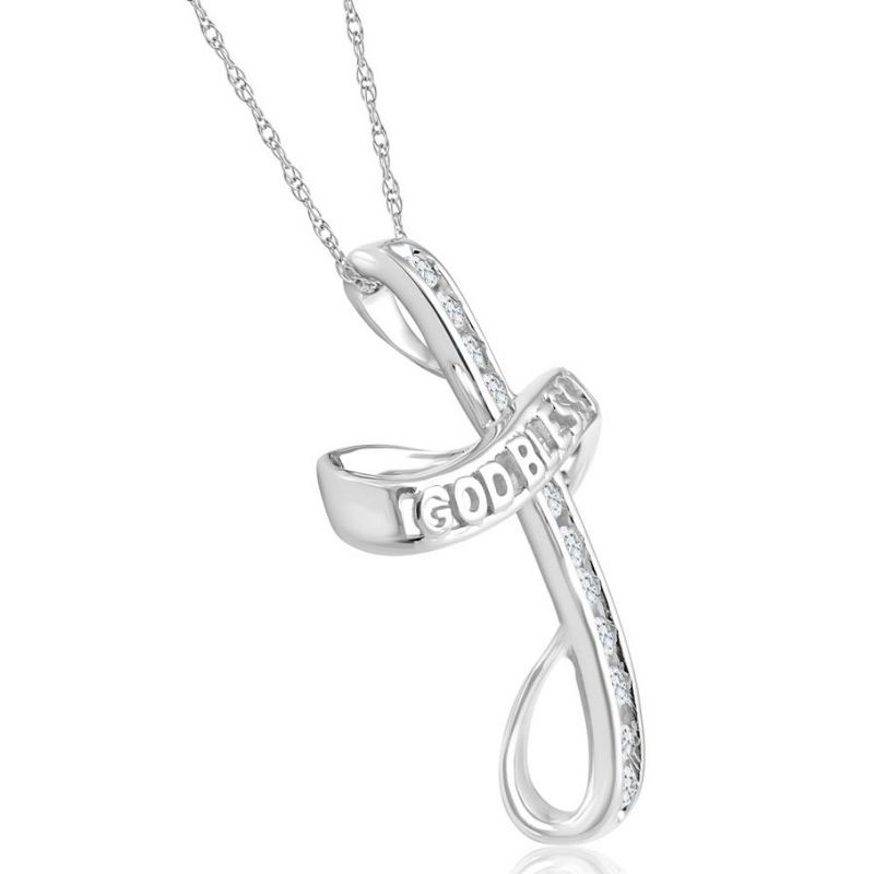 Pompeii3 1/3Ct T.W. Diamond Cross 10k White Gold Necklace God Bless You Pendant 18" Chain, 2 of 5