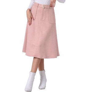 INSPIRE CHIC Women's Casual Solid Faux Suede Pockets Stretch A-line Midi Skirt with Belt - 1 of 4