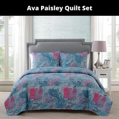 Full Pink and Blue Microfiber Reversible Quilt Set