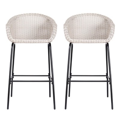 Outdoor PE Rattan Barstools,Metal Bar Stools with Armrests and Footrest,UV Resistant Patio Bar Chairs for Garden or Balcony-Coolbibila