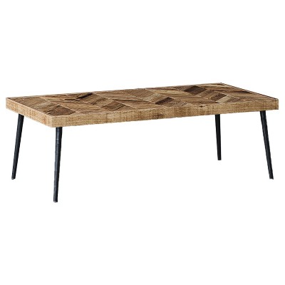 Mindful Living Rustic Farmhouse Mid Century Modern Fusion Mango Wood Top and Iron Hairpin Legs Chevron Pattern Rectangular Accent Coffee Table, Beige