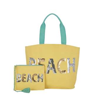 Mina Victory Sequin "Beach" 22" x 15" x 6" Bag with Matching Clutch Yellow