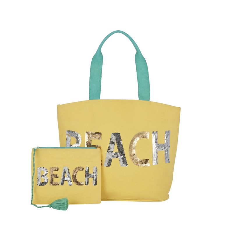 Mina Victory Sequin "Beach" 22" x 15" x 6" Bag with Matching Clutch Yellow, 1 of 9