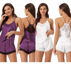 INSPIRE CHIC Women's 2 Pcs Satin Sleeveless Lace Trim Shorts Silky Short Pajama Sets - 1 of 4