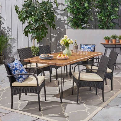 Clayton 7pc Acacia Wood & Iron Dining Set - Teak/Brown/Cream - Christopher Knight Home