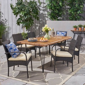 Clayton 7pc Acacia Wood & Iron Dining Set - Teak/Brown/Cream - Christopher Knight Home: 6-Seat Garden Furniture with Cushions - 1 of 4