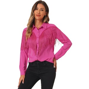 INSPIRE CHIC Women's Fringe Long Sleeve Button Down Disco Party Shirts - 1 of 4