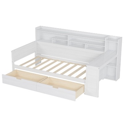 Bellemave Wooden Twin Size Daybed with Storage Shelves, Multi-functional Bed with Two Storage Drawers and Study Desk,  Antique White