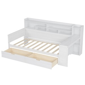 Bellemave Wooden Twin Size Daybed with Storage Shelves, Multi-functional Bed with Two Storage Drawers and Study Desk,  Antique White - 1 of 3