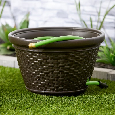 Dark Brown Resin Wicker Garden Hose Storage Pot Set