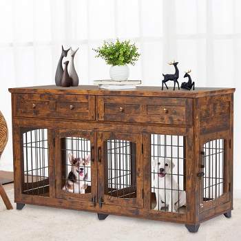 2 Rooms Dog Crate Furniture with Openable Partition,58" Wooden Dog Crate Table with 2 Drawers,5-Doors Dog Furniture