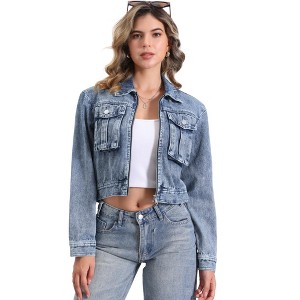 INSPIRE CHIC Women's Zip Up Long Sleeves Pockets Crop Denim Jacket - 1 of 4