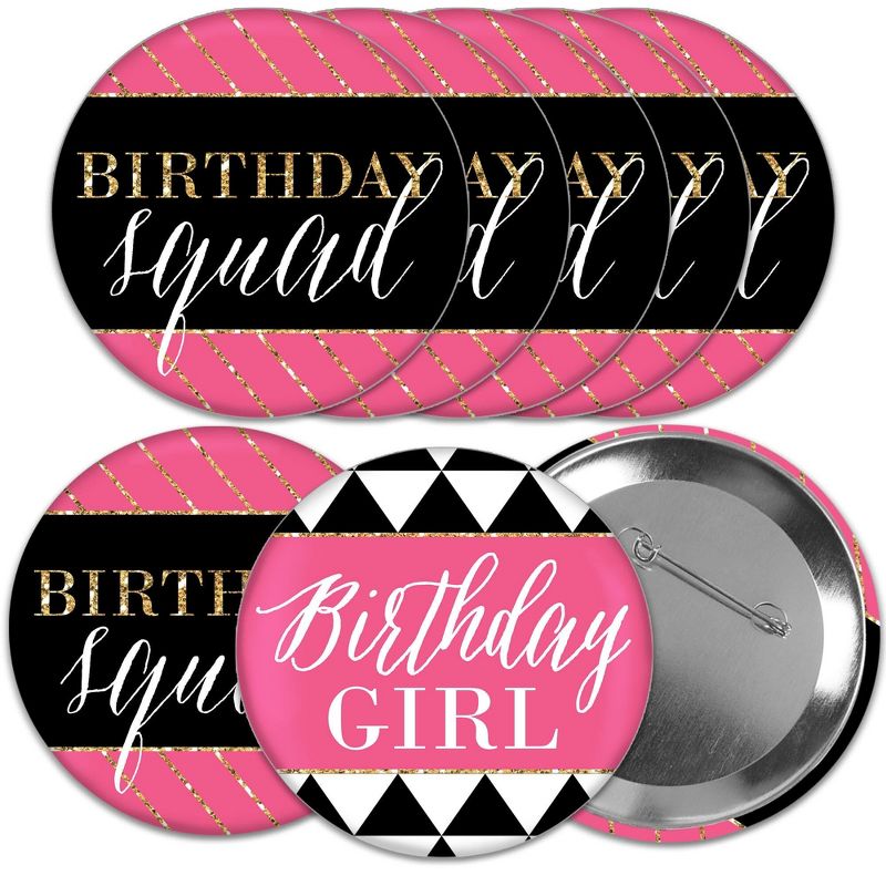 Big Dot of Happiness Chic Happy Birthday - Pink, Black and Gold - 3 inch Birthday Party Badge - Pinback Buttons - Set of 8, 1 of 9