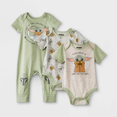 Image of Baby Boys' 3pk Star Wars Baby Yoda Short Sleeve Romper and Bodysuit Set - Green 6-9M