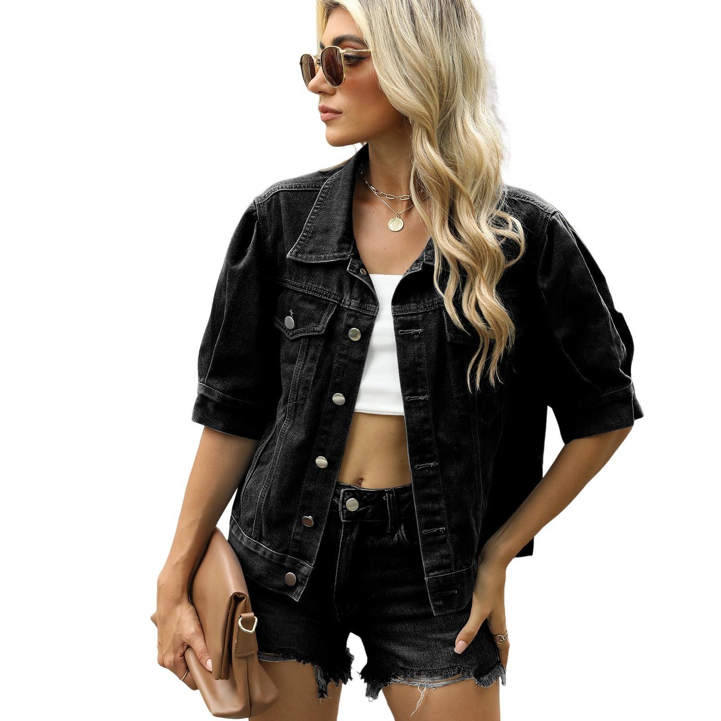 Женское пальто YesFashion Vintage Washed Loose Short Sleeve Denim Jacket Lapel Button Down Casual Outerwear Summer Jean Coat, M, Black gray, цвет: Джинсовый — фото 2