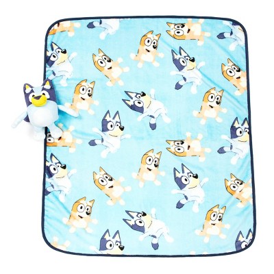 Bluey Dance Party Kids' Blue Fleece Throw Blanket and Plush Pillow Set