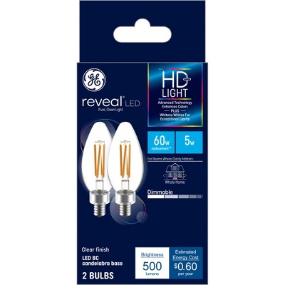 Ge 2pk 60w Reveal Hd+ Led Bm Decorative Light Bulbs: Dimmable, 5w, 500 ...