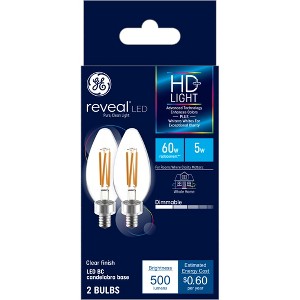 GE 2pk 60W Reveal HD+ LED BC Decorative Light Bulbs: Candelabra E12 Base, Dimmable, 500 Lumens, 2700K, 13.7-Year Life - 1 of 4